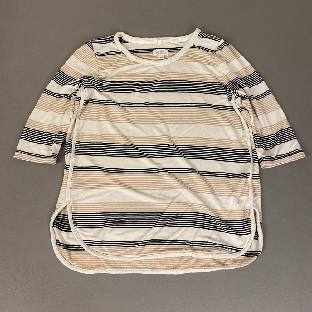 Market & Spruce T-Shirt Top Women's XL Striped 3/4 Sleeve White Tan Navy Blue